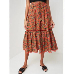 Farm Rio Tucano Paradise Midi Skirt Red Multi Small NWT